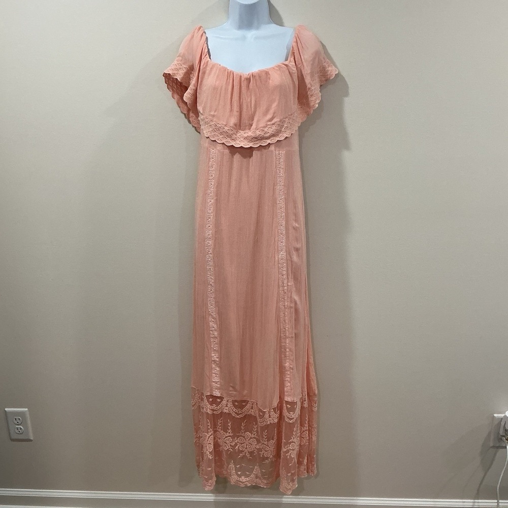 Jodifl Ruffle Off Shoulder Maxi Dress Size L Lace Sheer Boho Victorian Romantic